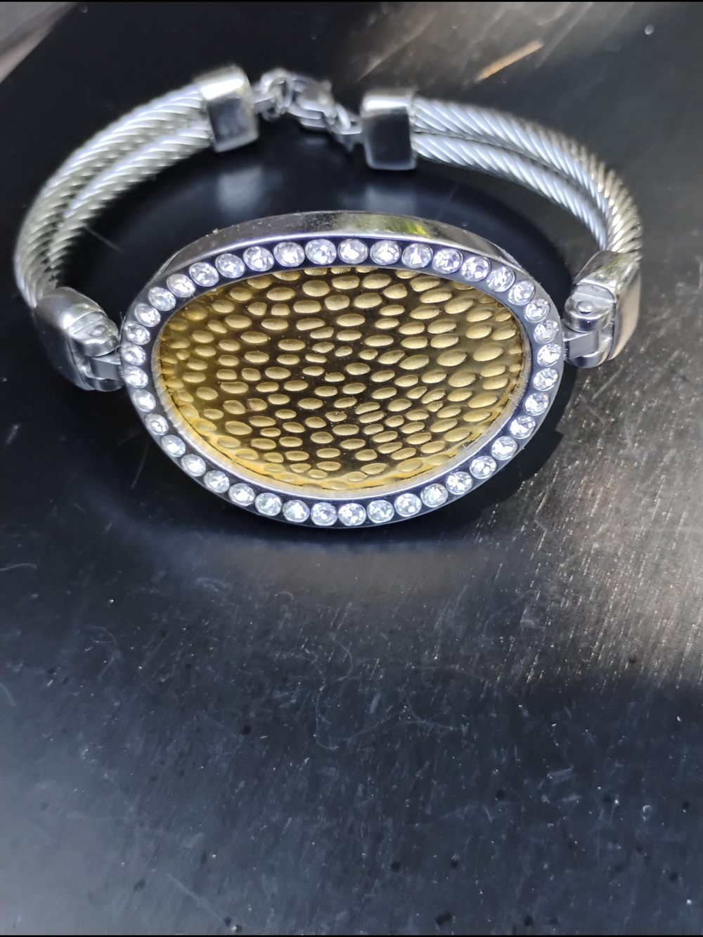 Gold & Silver Textured Oval Bracelet with Crystal Accents